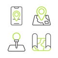 Set line Folded map, Push pin, with location marker and City navigation icon. Vector