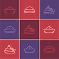 Set line Folded paper boat, Speedboat and Sailor hat icon. Vector