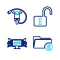 Set line Folder and lock, Computer api interface, Open padlock and Electric scooter icon. Vector Royalty Free Stock Photo