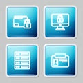 Set line Folder and lock, Lock on computer monitor, Server, Data, Web Hosting and Identification badge icon. Vector Royalty Free Stock Photo