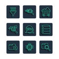 Set line Folder and lock, Processor CPU, Search with folder, Coal mine trolley, Data analysis, data, Binary code and Royalty Free Stock Photo
