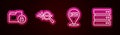 Set line Folder and lock, Search data analysis, Data and Server. Glowing neon icon. Vector Royalty Free Stock Photo