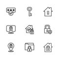 Set line Folder and lock, Shield security with, House under protection, Password, Old key and Lock icon. Vector Royalty Free Stock Photo