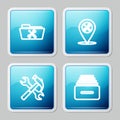 Set line Folder service, Location, Crossed hammer and wrench and Drawer with documents icon. Vector
