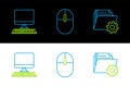 Set line Folder settings with gears, Computer monitor keyboard and mouse icon. Vector Royalty Free Stock Photo