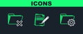 Set line Folder settings with gears, Delete folder and Blank notebook and pencil eraser icon. Vector