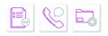 Set line Folder settings with gears, Document minus and Telephone handset and speech bubble chat icon. Vector
