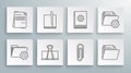 Set line Folder settings with gears, File document, Binder clip, Paper, Document folder, User manual, and icon. Vector Royalty Free Stock Photo