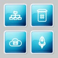 Set line Folder tree, Trash can, Cloud mail server and Rocket ship with fire icon. Vector