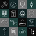 Set line Folder tree, Unknown document, Alien, Server, Data, Web Hosting, Search location and Police badge icon. Vector Royalty Free Stock Photo