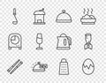 Set line Food chopsticks, Broken egg, Covered with tray of food, Kitchen ladle, Wine glass, Grater and Blender icon