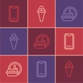 Set line Food ordering on mobile, Round the clock delivery and Ice cream waffle icon. Vector