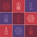 Set line Football betting money, Bottle of wine and Casino chip with dollar icon. Vector