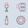 Set line Football betting money, Bottle of wine, Casino chips and Wine glass icon. Vector