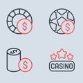 Set line Football betting money, Casino chip with dollar, signboard and chips icon. Vector