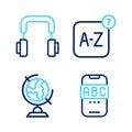 Set line Foreign language online study, Earth globe, Online translator and Headphones icon. Vector
