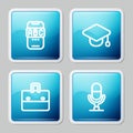 Set line Foreign language online study, Graduation cap, Briefcase and Microphone voice device icon. Vector