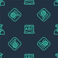 Set line Foreign language online study, Translator and Graduate and graduation cap on seamless pattern. Vector Royalty Free Stock Photo