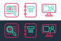 Set line Foreign language online study, Translator and Notebook icon. Vector