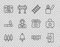 Set line Forest, Fire exit, escape, Ringing alarm bell, system, Firefighter, and First aid kit icon. Vector Royalty Free Stock Photo