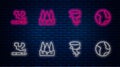 Set line Forest, Tornado, Cigarette and Earth globe. Glowing neon icon on brick wall. Vector Royalty Free Stock Photo