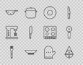 Set line Fork, Ball tea strainer, Plate, Bowl, Kitchen colander, Knife, Oven glove and Pizza knife icon. Vector