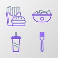 Set line Fork, Paper glass with drinking straw and water, Nachos plate and Burger french fries carton package box icon Royalty Free Stock Photo