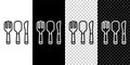 Set line Fork, spoon and knife icon isolated on black and white, transparent background. Cooking utensil. Cutlery sign Royalty Free Stock Photo