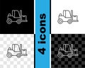 Set line Forklift truck icon isolated on black and white, transparent background. Fork loader and cardboard box. Cargo