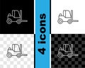 Set line Forklift truck icon isolated on black and white, transparent background. Fork loader and cardboard box. Cargo