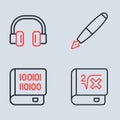 Set line Fountain pen nib, Books about programming, with mathematics and Headphones icon. Vector
