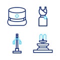 Set line Fountain, Street light, Woman dress and Kepi icon. Vector