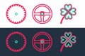 Set line Four leaf clover, Circular saw blade and Steering wheel icon. Vector