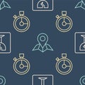Set line Fragile broken glass, Fast time delivery and Placeholder on map paper on seamless pattern. Vector