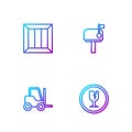 Set line Fragile broken glass, Forklift truck, Wooden box and Mail. Gradient color icons. Vector
