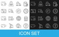 Set line Fragile broken glass, Verification of delivery list clipboard, Clock, Delivery tracking, Search package, Online
