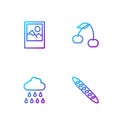 Set line French baguette bread, Cloud with rain, Photo frame and Cherry. Gradient color icons. Vector