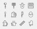 Set line French press, Oven glove, Kitchen apron, Cooking pot, hammer, Electric kettle, Food chopsticks and Broken egg Royalty Free Stock Photo