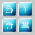 Set line French press, Teaspoon, Cooking pot and Oven icon. Vector