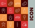 Set line Fresh frozen steak meat, Frying pan, Sauce bottle, Bacon stripe, Pepper, Fish, Chicken leg and Steak icon Royalty Free Stock Photo