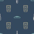 Set line Fried sausage, Coffee cup to go and Bread loaf on seamless pattern. Vector