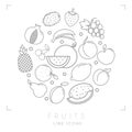 Set of line Fruit infographic icons. Orange, apple, pear, grape, pomegranate, cherry, apricot, banana, lemon,