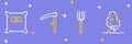 Set line Fruit tree, Garden pitchfork, Scythe and Pack full of seeds icon. Vector