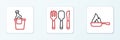 Set line Frying pan, Champagne ice bucket and Fork, spoon and knife icon. Vector Royalty Free Stock Photo