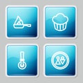 Set line Frying pan, Cupcake, Pizza knife and Toilet icon. Vector