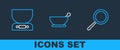 Set line Frying pan, Electronic scales and Mortar and pestle icon. Vector Royalty Free Stock Photo