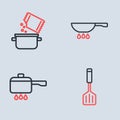 Set line Frying pan on fire, Cooking pot, Spatula and and spice icon. Vector