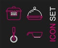 Set line Frying pan, Pizza knife, Covered with tray of food and Slow cooker icon. Vector