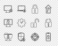 Set line FTP folder and lock, Smartphone with, Lock, Shield security, monitor, Time Management, and Broken cracked icon Royalty Free Stock Photo