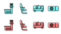 Set line Fuel tanker truck, Airport control tower, Airplane seat and Airline ticket icon. Vector